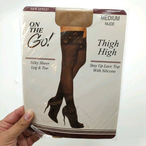 NEW On The Go! Lace Top Thigh High Silky Sheer Leg Toe Queen Size Nude Stockings - Picture 3 of 6